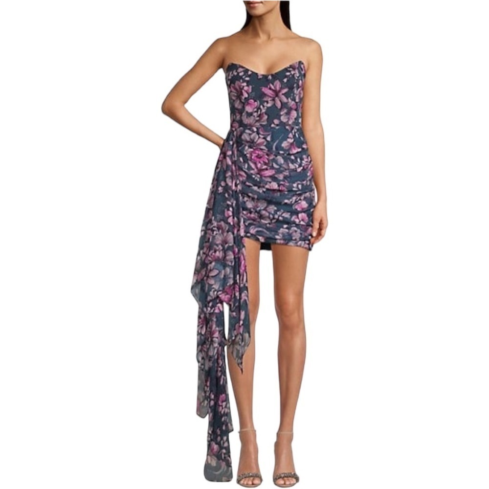Katie May Navy Floral Strapless Mini Dress with Draped Overlay